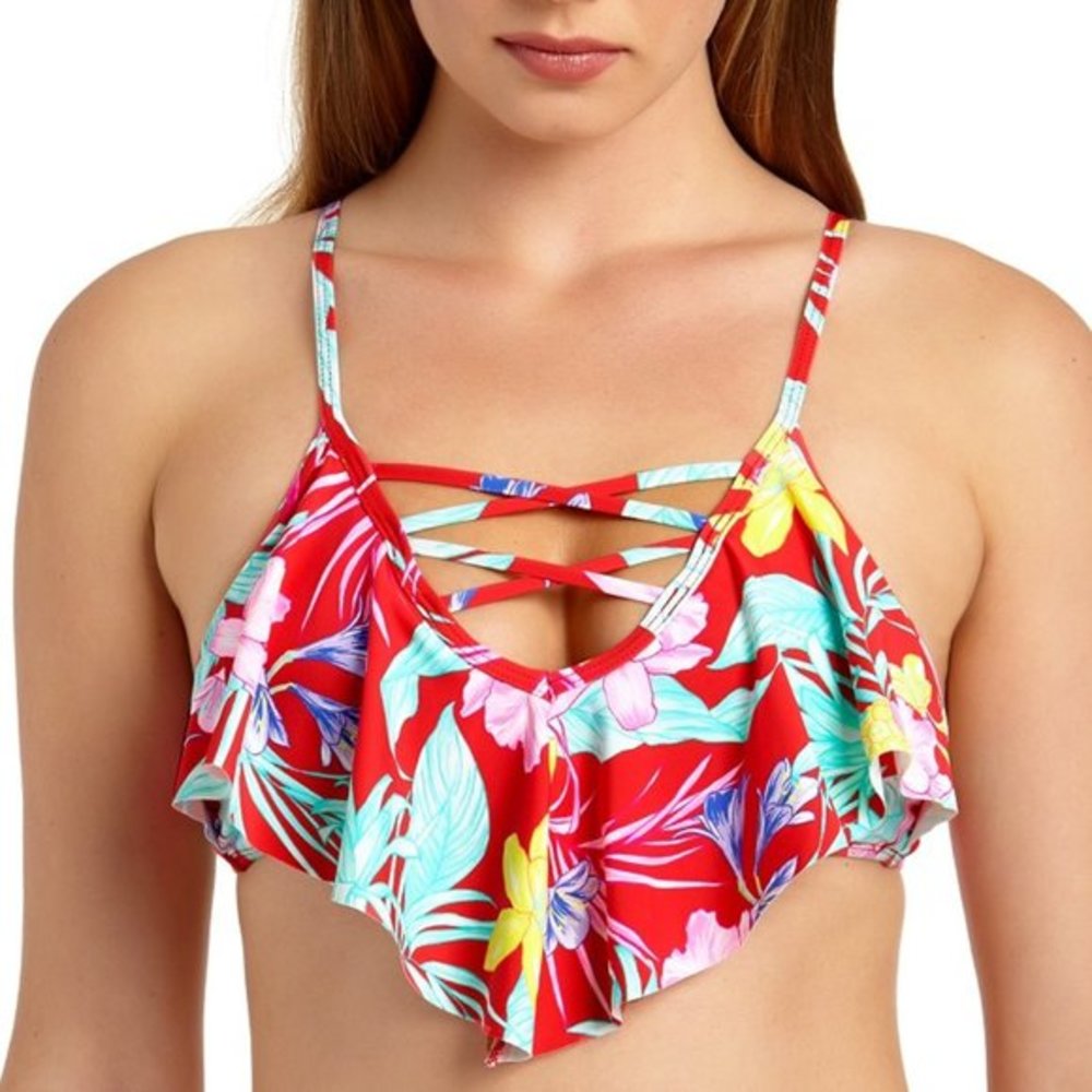 California‎ Waves Floral Print Flounce Bikini Top XS
